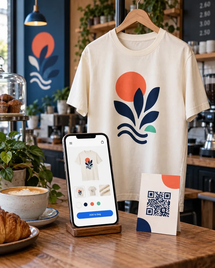 Branded cream T-shirt, online product page and QR campaign card in an independent café